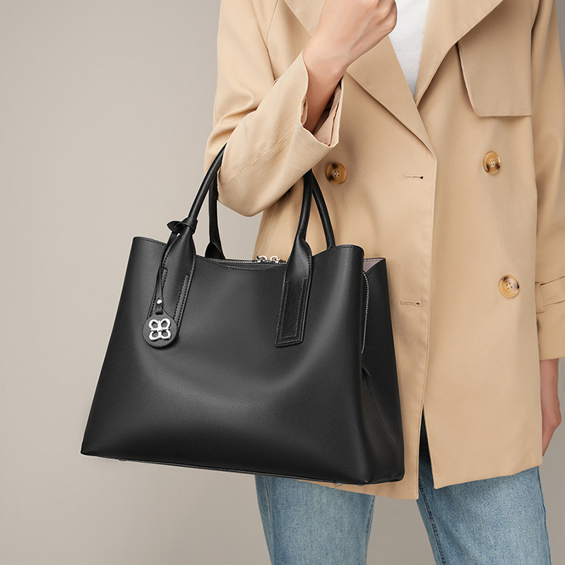 Structured Handbag Top Handle - Tas Tote Wanita Kulit Asli Hitam