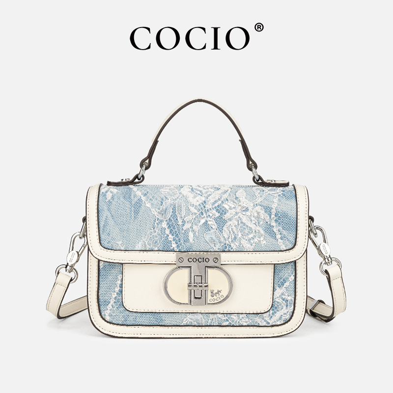 Structured Handbag Top Handle - Tas Tangan Wanita Biru Putih Berenda